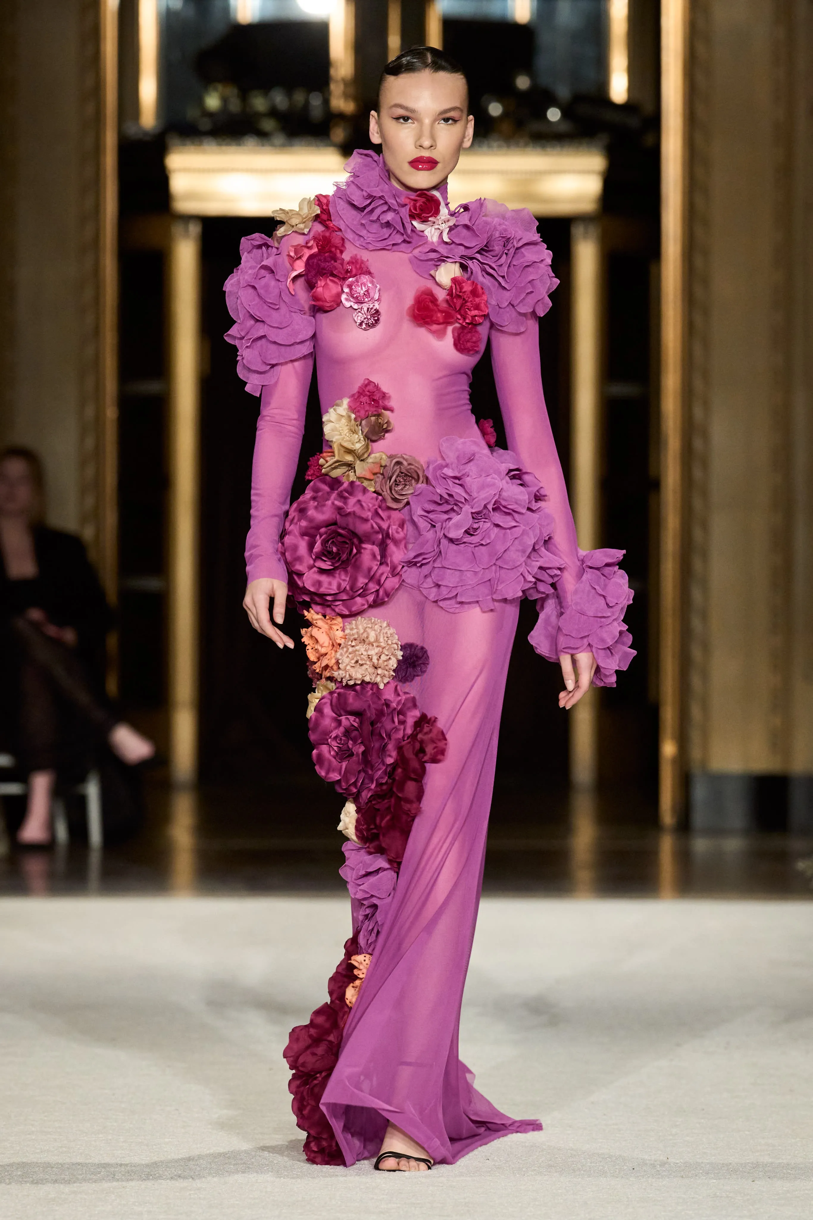 Floral Appliqué Mesh Gown