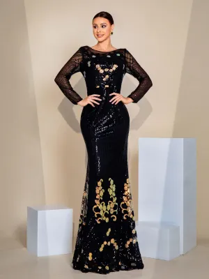 Floral Sequin Balck Mermaid Evening Dress GM00451