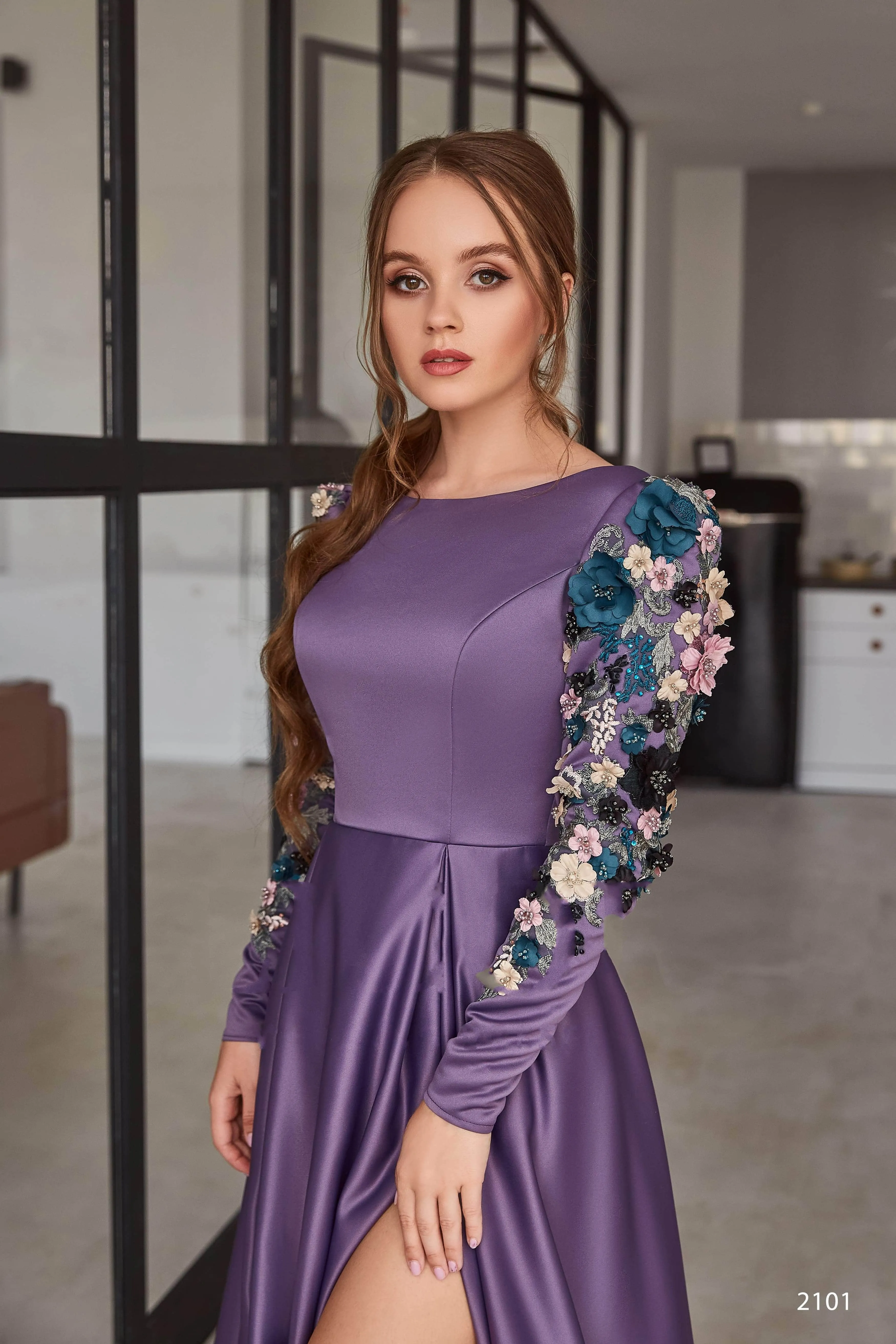 Floral Sleeves Modest Long Bridesmaids Gown