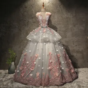 Flower Pattern Peplum Prom and Quinceañera Dress