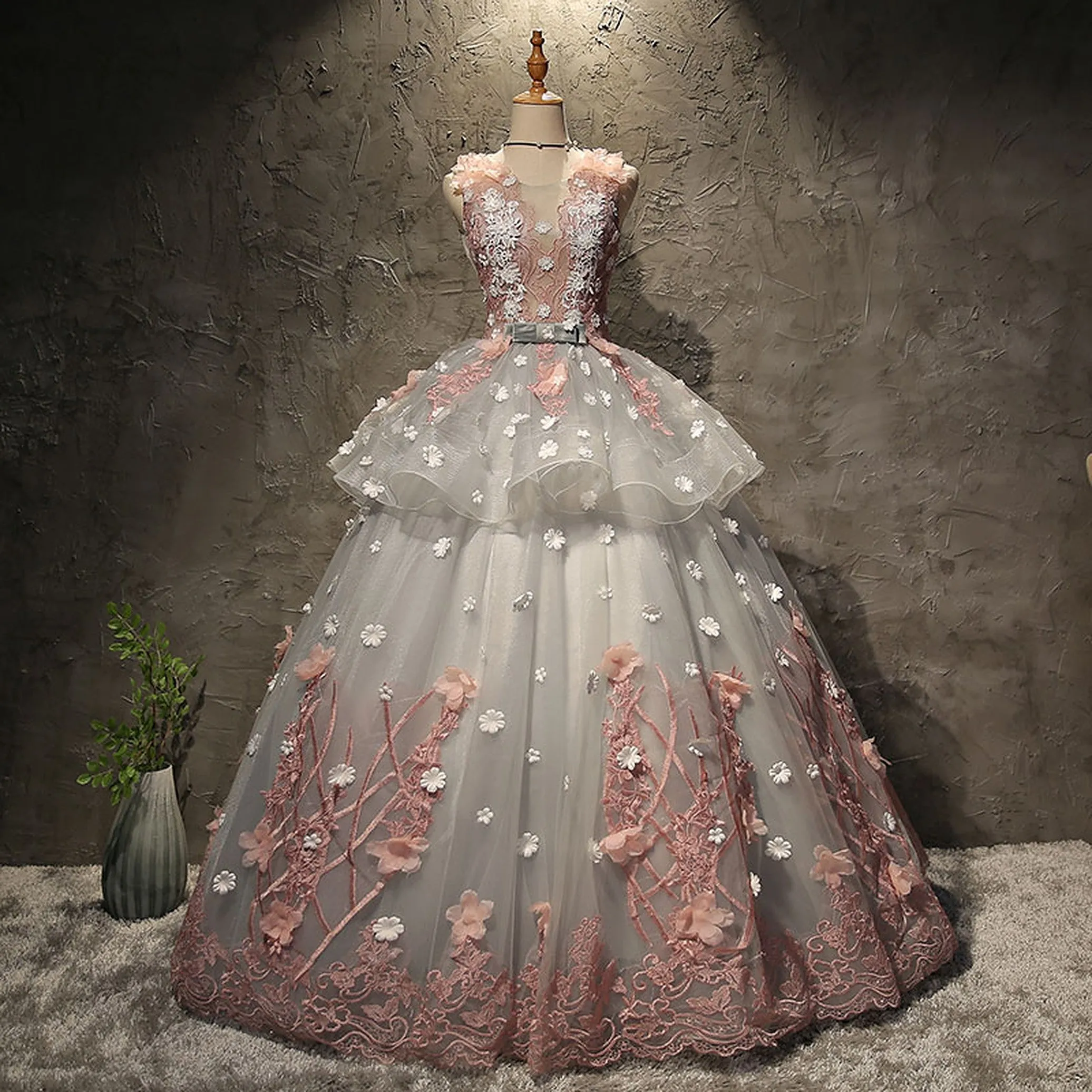 Flower Pattern Peplum Prom and Quinceañera Dress