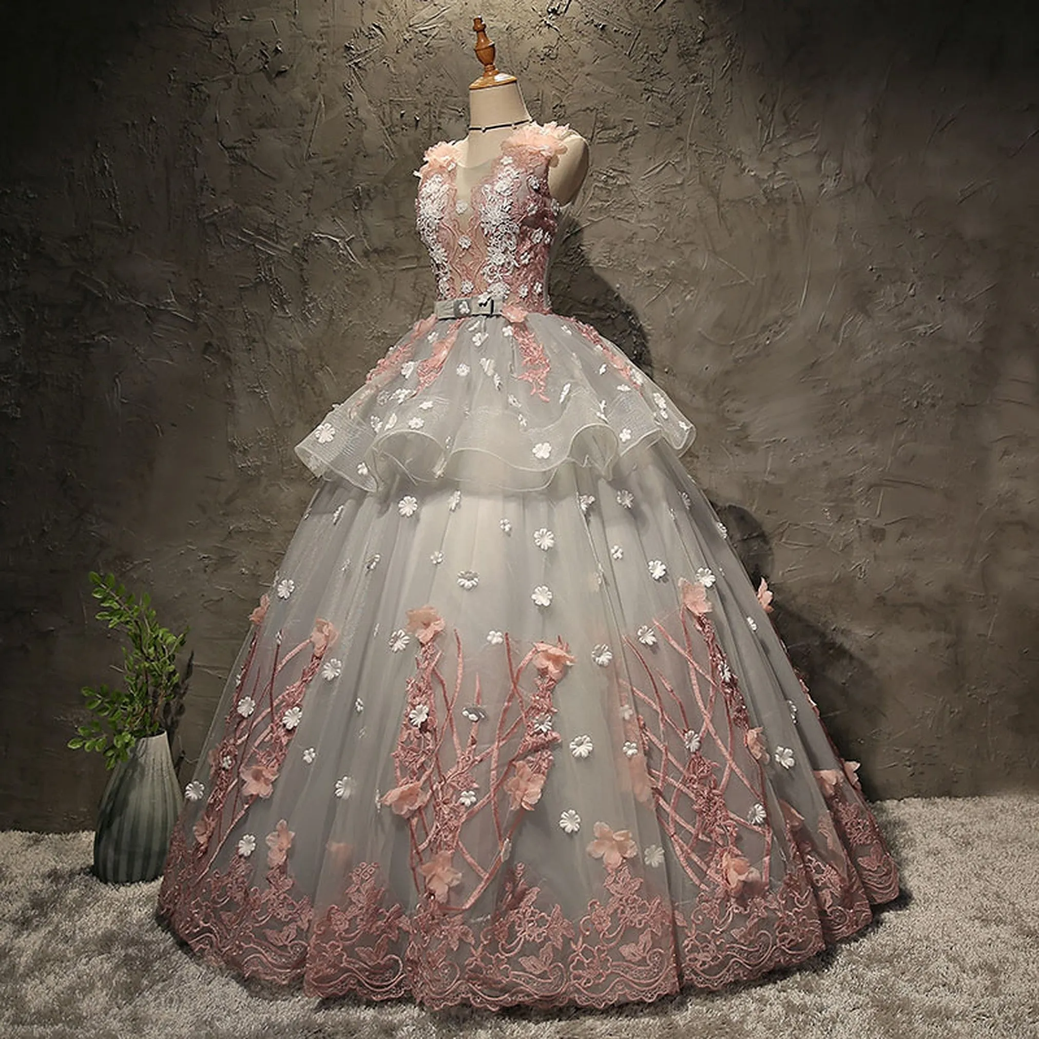 Flower Pattern Peplum Prom and Quinceañera Dress