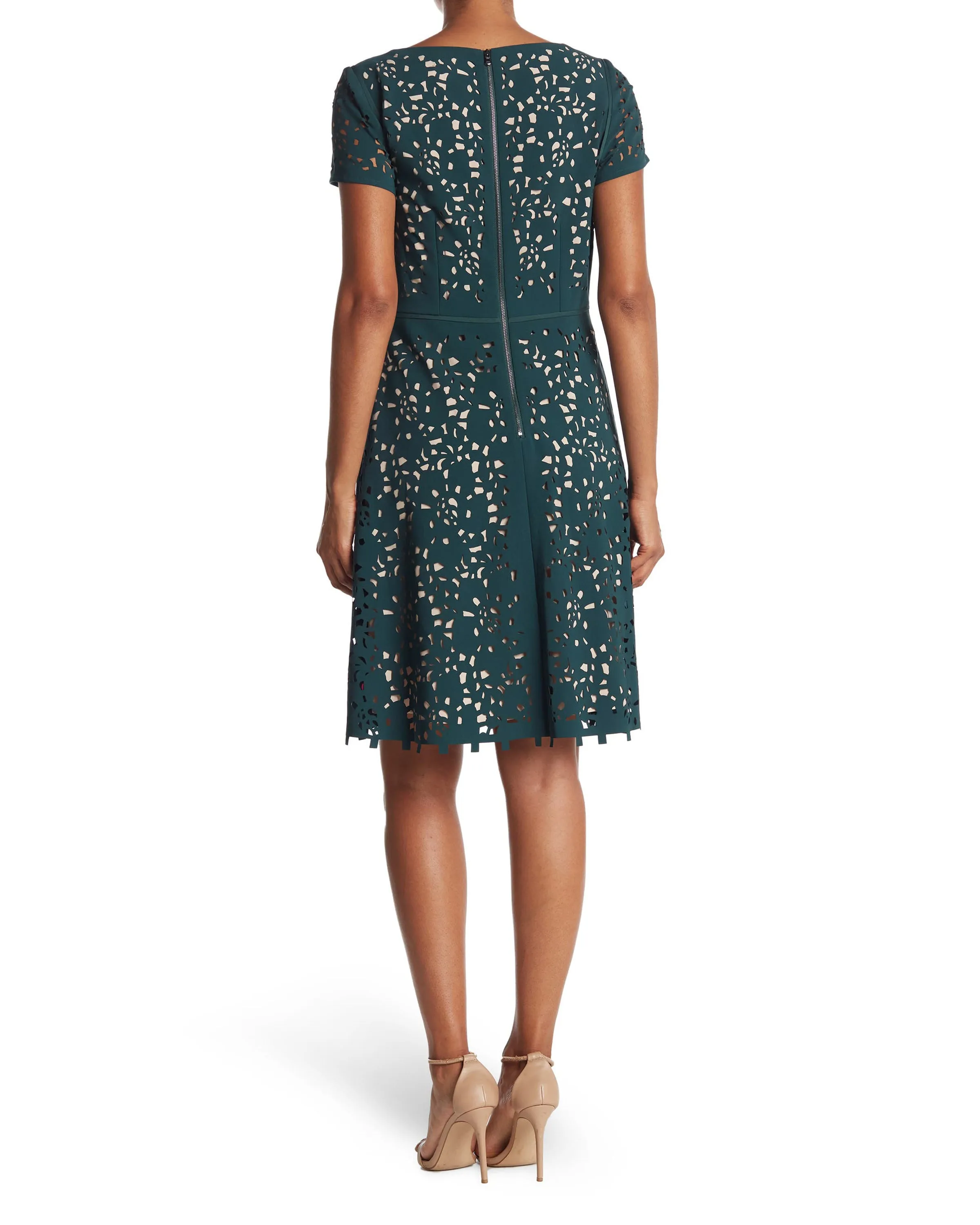 FOCUS by Shani — Laser Cut Fit & Flare Dress in Green
