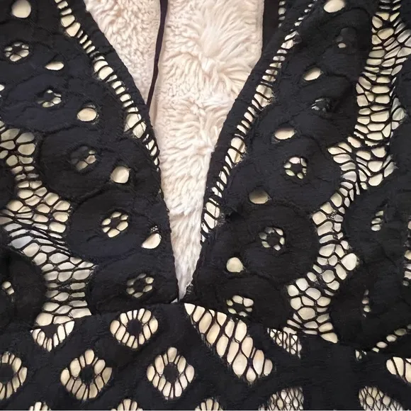 Free People Black and Cream Plunge Fit and Flare Mini Dress