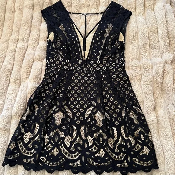Free People Black and Cream Plunge Fit and Flare Mini Dress