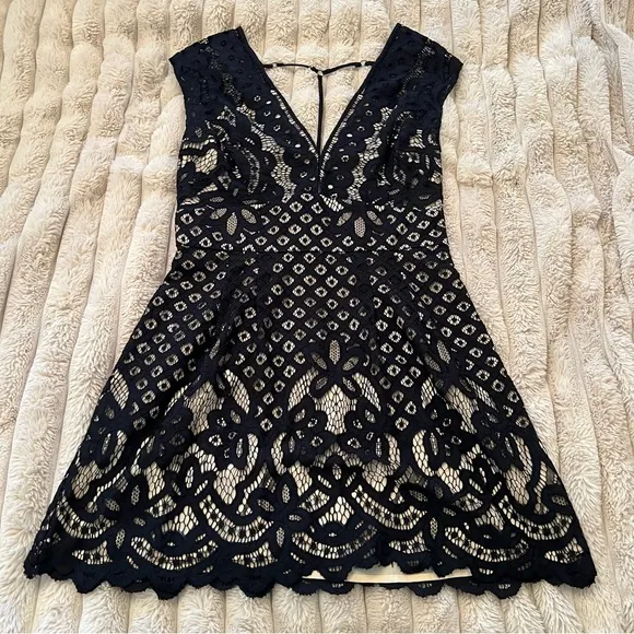 Free People Black and Cream Plunge Fit and Flare Mini Dress