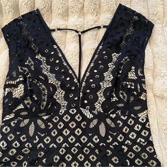 Free People Black and Cream Plunge Fit and Flare Mini Dress