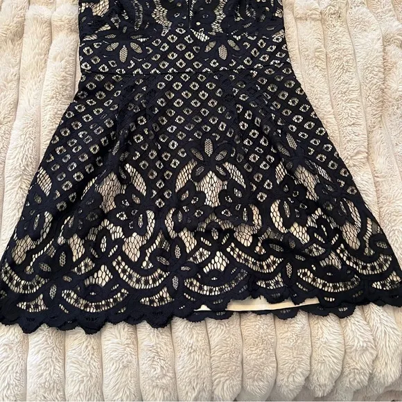 Free People Black and Cream Plunge Fit and Flare Mini Dress