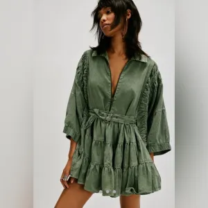 FREE PEOPLE Hampton minidress Green Ruffled Tiered Dress
