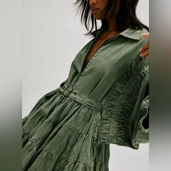 FREE PEOPLE Hampton minidress Green Ruffled Tiered Dress