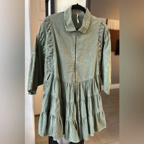 FREE PEOPLE Hampton minidress Green Ruffled Tiered Dress