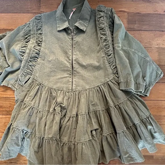 FREE PEOPLE Hampton minidress Green Ruffled Tiered Dress