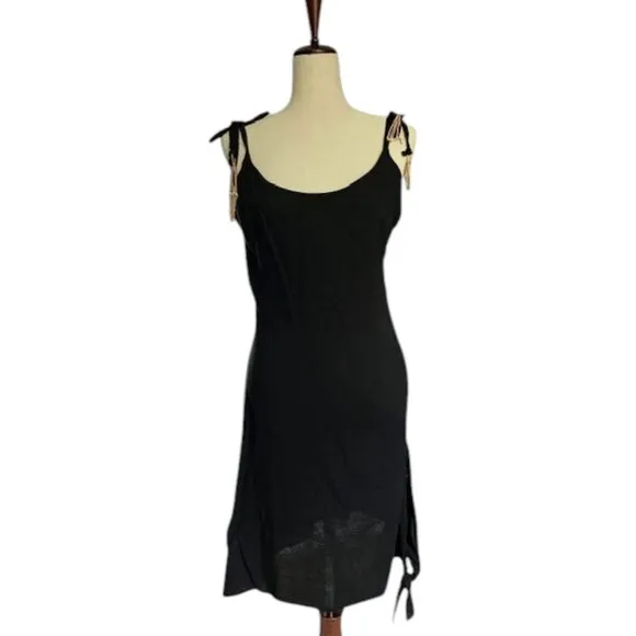 Free People NWOT Women's Asymmetrical Hem Tie Beaded Straps Black Dress Medium