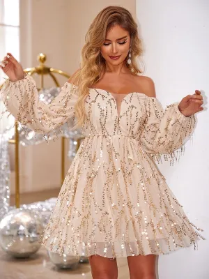 Fringed Sequin Off Shoulder A-line Mini Dress MCC1212