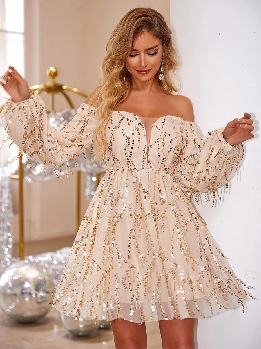 Fringed Sequin Off Shoulder A-line Mini Dress MCC1212