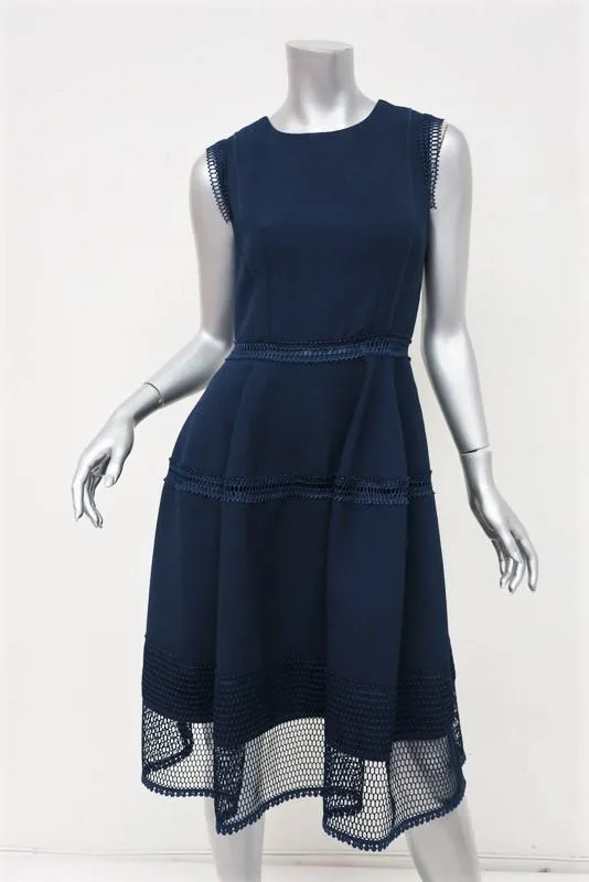 Gerard Darel Dress Sonora Navy Crochet-Trim Crepe Size 38 Sleeveless Fit & Flare