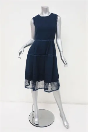 Gerard Darel Dress Sonora Navy Crochet-Trim Crepe Size 38 Sleeveless Fit & Flare