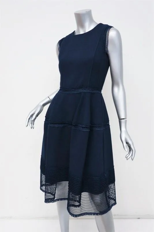 Gerard Darel Dress Sonora Navy Crochet-Trim Crepe Size 38 Sleeveless Fit & Flare