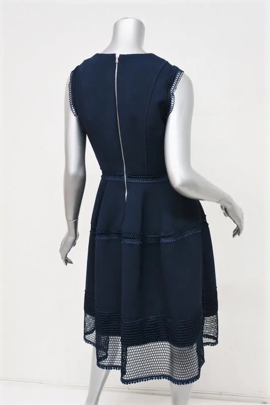Gerard Darel Dress Sonora Navy Crochet-Trim Crepe Size 38 Sleeveless Fit & Flare