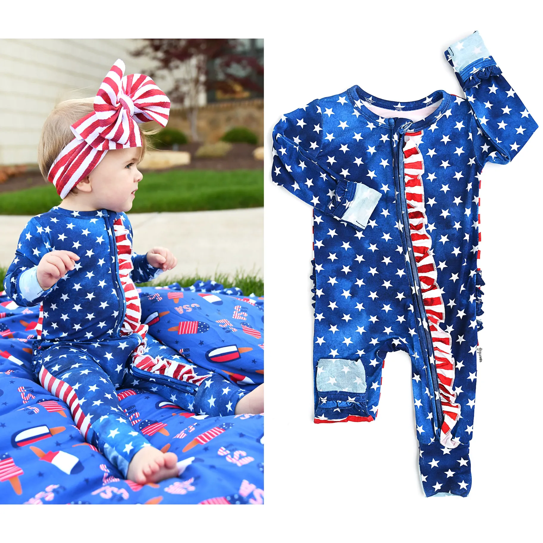 Gigi and Max Tie Dye Stars & Stripes Ruffle Zip One Piece
