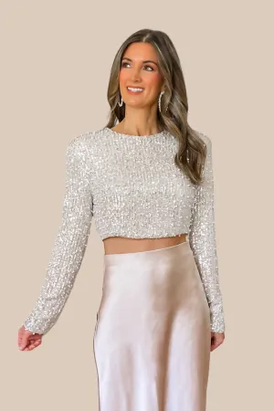 Girl Talk Sequin And Pearl Long Sleeve Crop Top