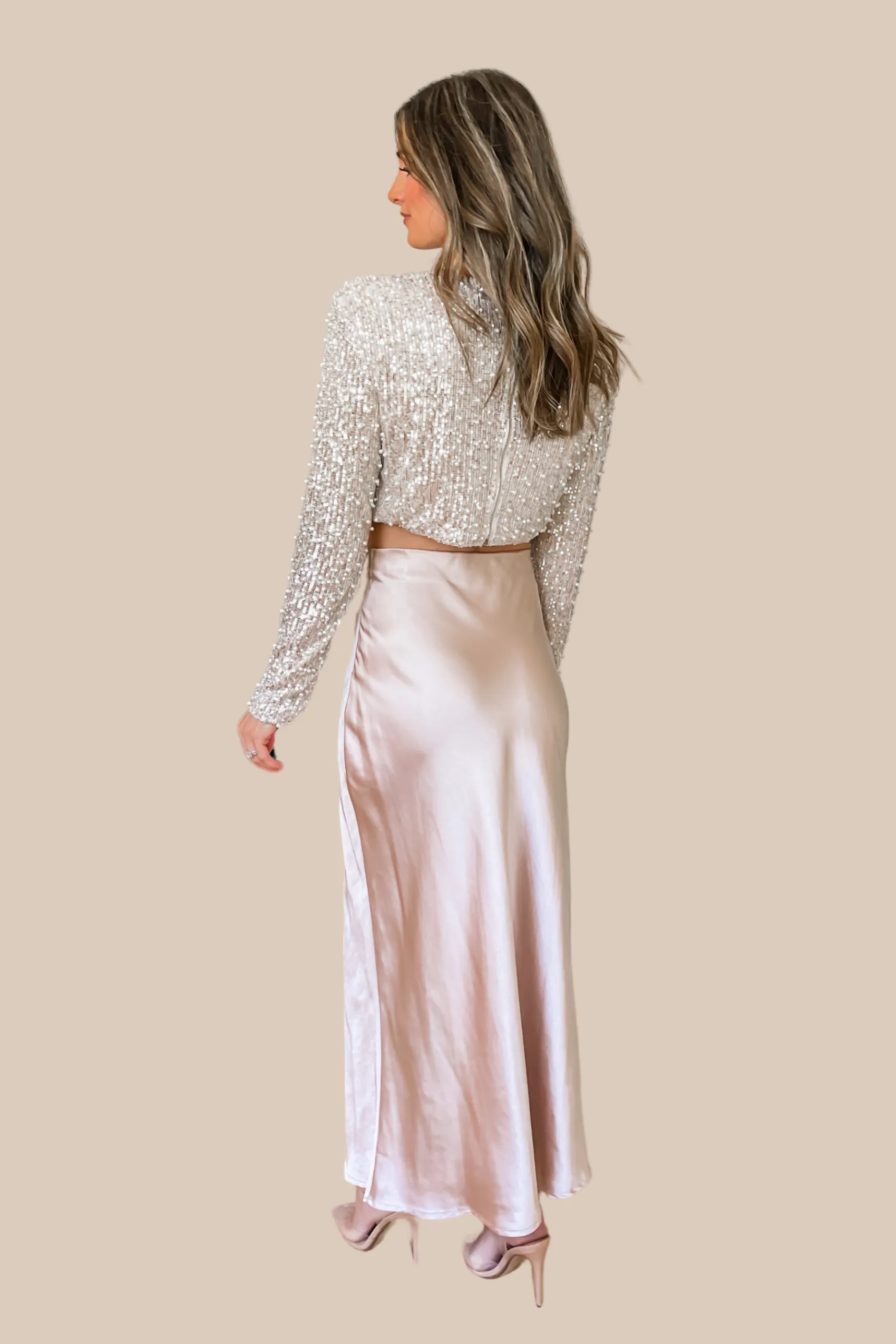 Girl Talk Sequin And Pearl Long Sleeve Crop Top