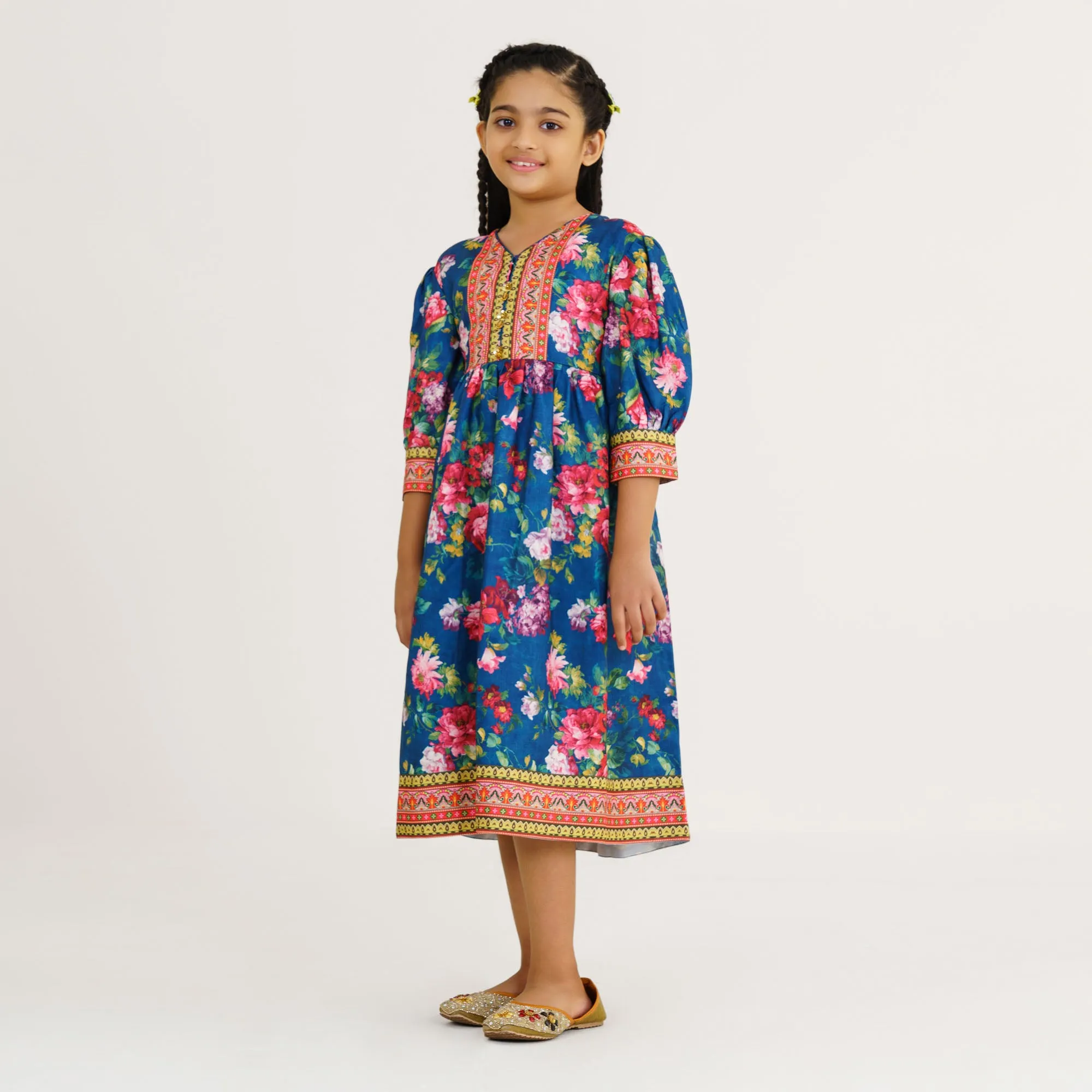 Girls Teal Floral Gown