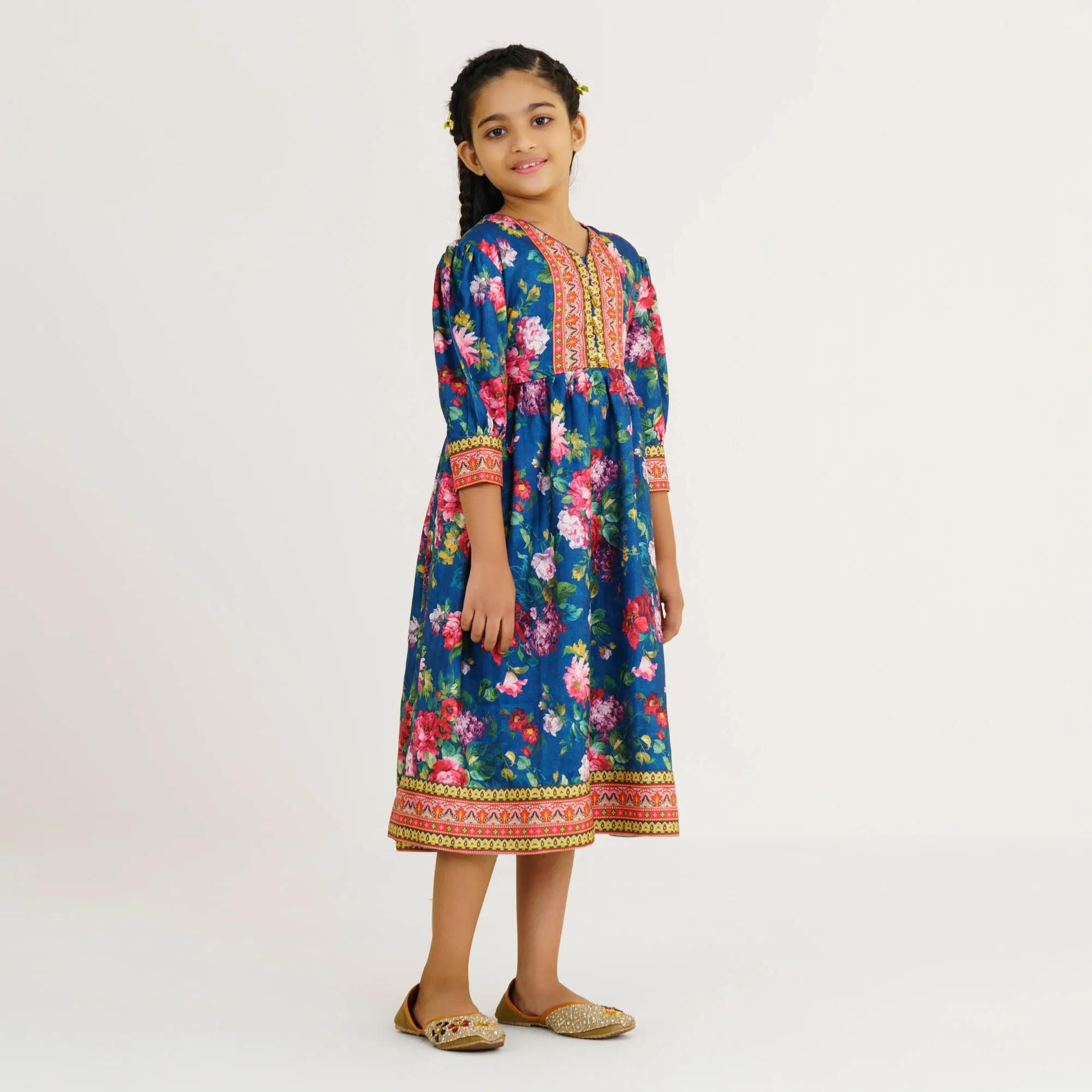 Girls Teal Floral Gown