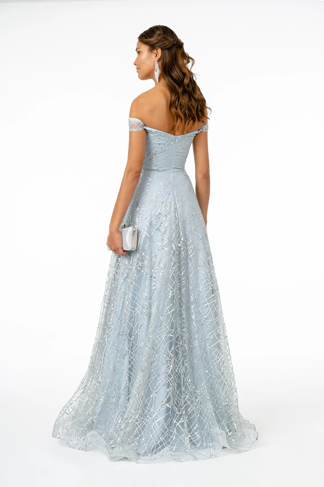 GL 2887 - Floral Embroidered Off the Shoulder A-Line Prom Gown with Glitter & Sequin