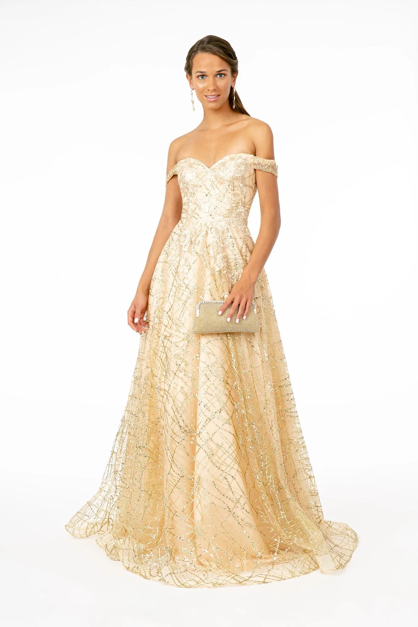 GL 2887 - Floral Embroidered Off the Shoulder A-Line Prom Gown with Glitter & Sequin
