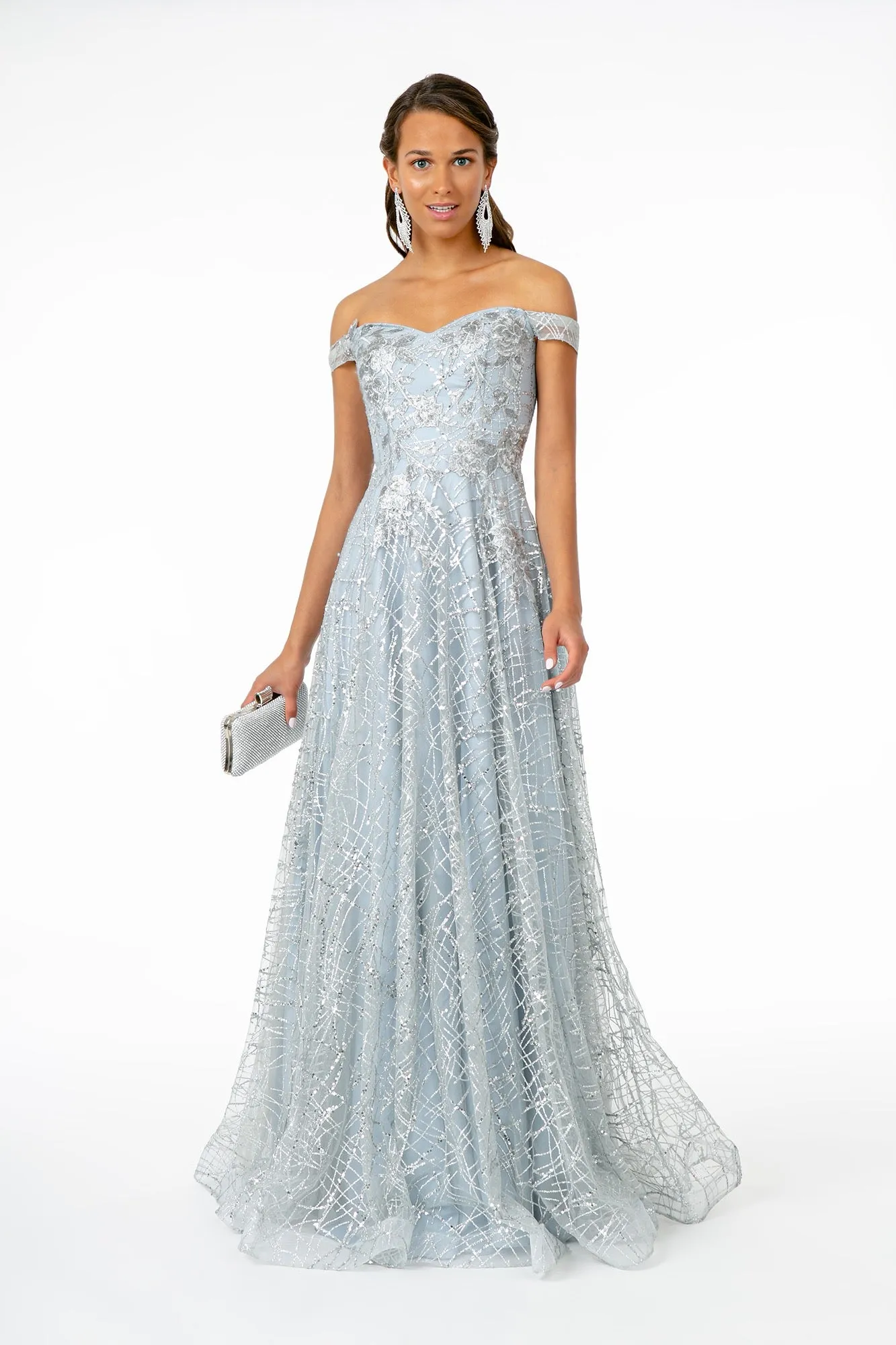 GL 2887 - Floral Embroidered Off the Shoulder A-Line Prom Gown with Glitter & Sequin