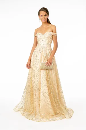 GL 2887 - Floral Embroidered Off the Shoulder A-Line Prom Gown with Glitter & Sequin