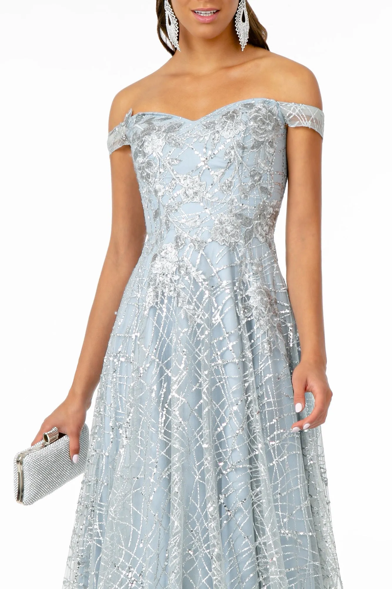 GL 2887 - Floral Embroidered Off the Shoulder A-Line Prom Gown with Glitter & Sequin