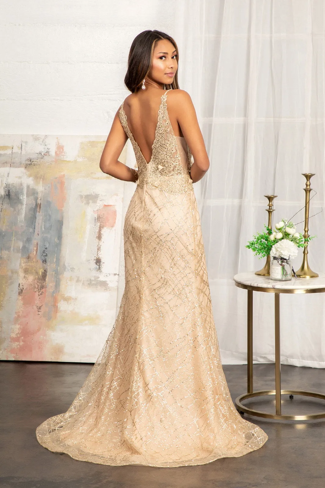 GL 3042 - Fit & Flare Prom Gown Embellished with Glitter & 3D Floral Applique V-Neck with an Open V-Back and Sheer Sides