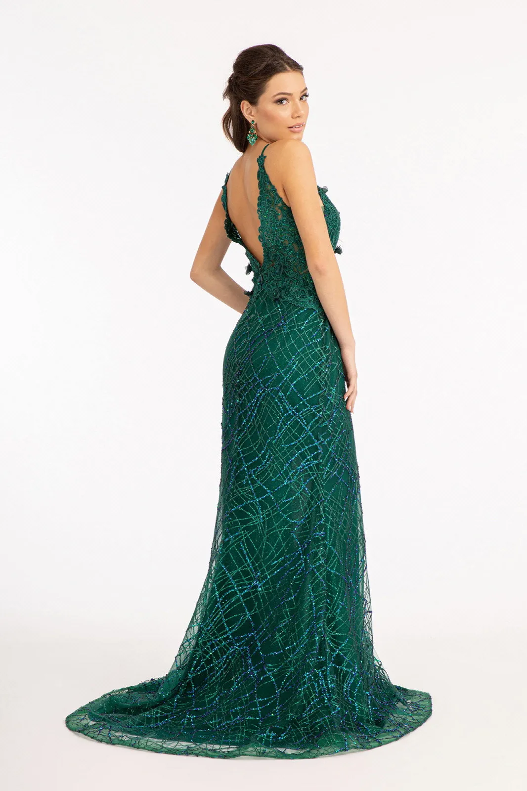 GL 3042 - Fit & Flare Prom Gown Embellished with Glitter & 3D Floral Applique V-Neck with an Open V-Back and Sheer Sides