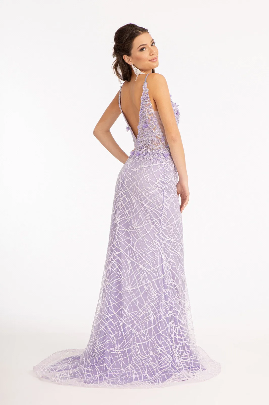 GL 3042 - Fit & Flare Prom Gown Embellished with Glitter & 3D Floral Applique V-Neck with an Open V-Back and Sheer Sides
