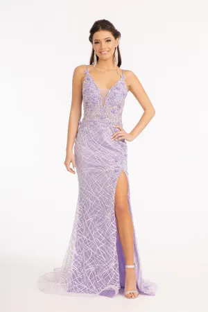 GL 3042 - Fit & Flare Prom Gown Embellished with Glitter & 3D Floral Applique V-Neck with an Open V-Back and Sheer Sides