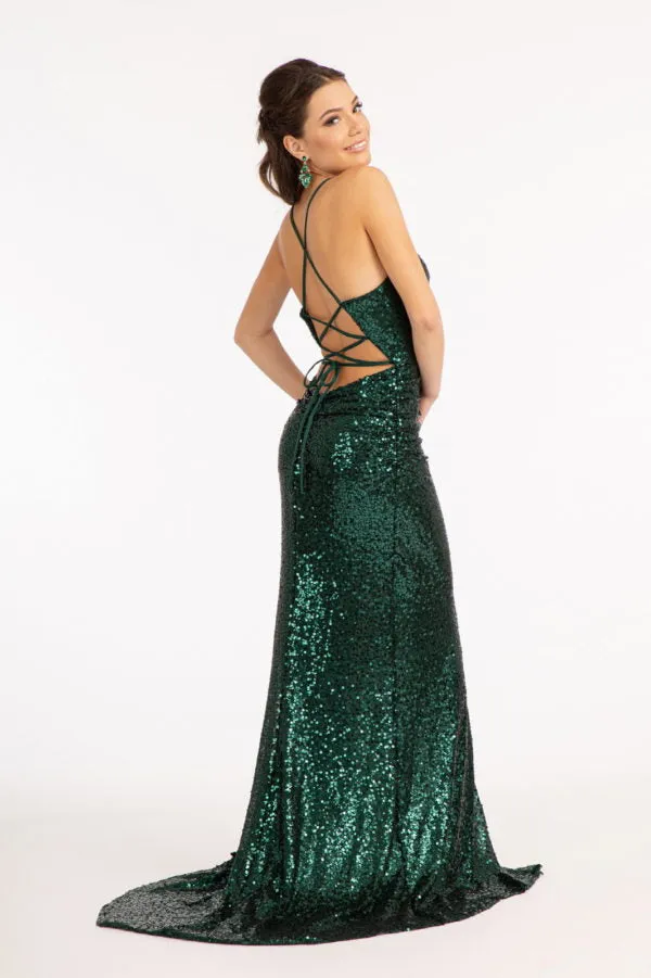 GL 3049 - Full Sequin Fit & Flare Prom Gown with 3D Floral Appliqued Bodice Side Ruching Leg Sit & Open Corset Back