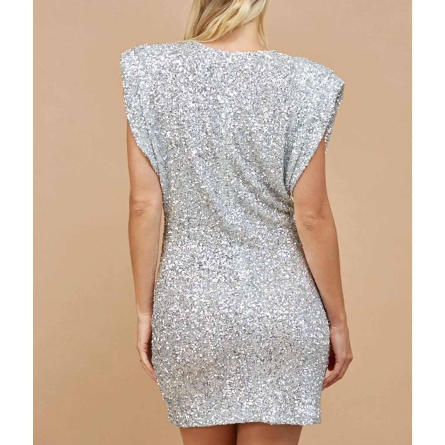 GLITTER WITH ME SHOULDER PAD SEQUIN DRESS (SILVER)