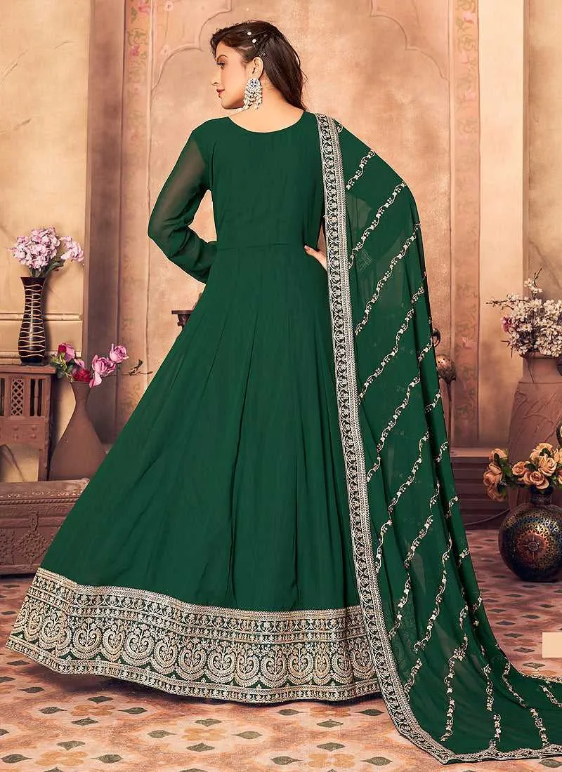 Green and Gold Embroidered Flaire Anarkali Suit