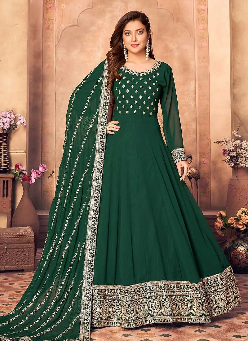 Green and Gold Embroidered Flaire Anarkali Suit