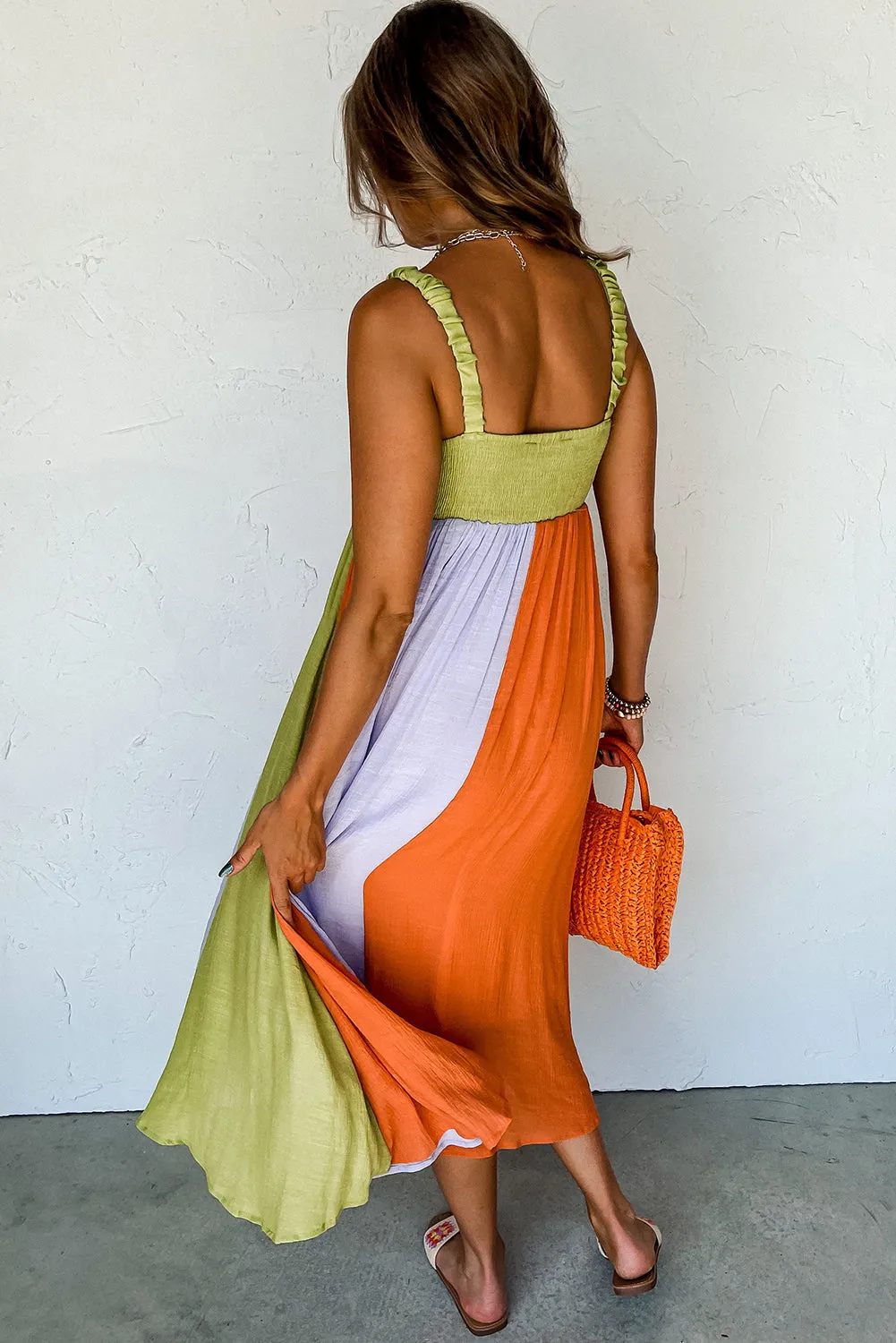 Green Color Block Shirred High Waist Fit and Flare Maxi Dress