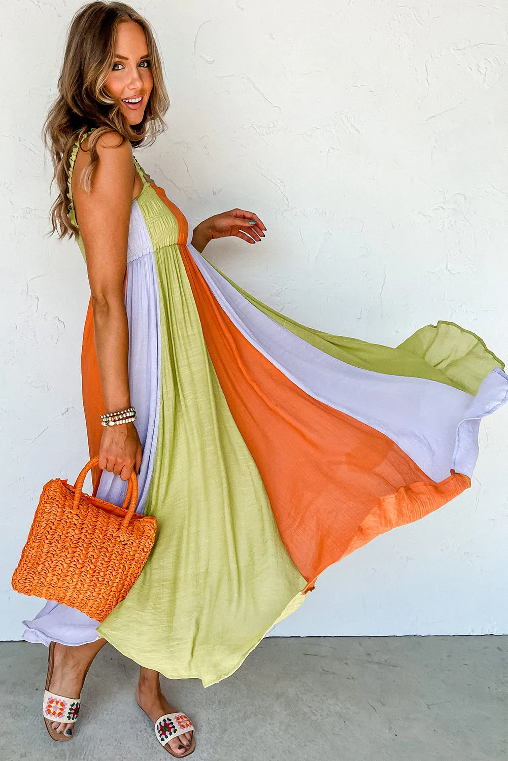 Green Color Block Shirred High Waist Fit and Flare Maxi Dress