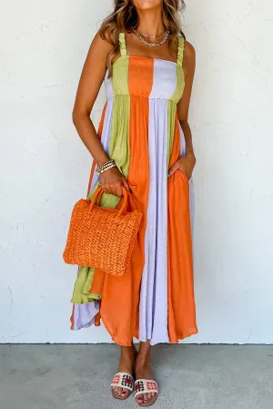 Green Color Block Shirred High Waist Fit and Flare Maxi Dress