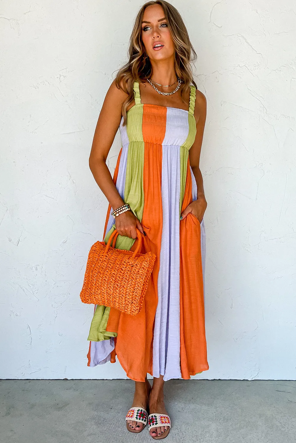 Green Color Block Shirred High Waist Fit and Flare Maxi Dress