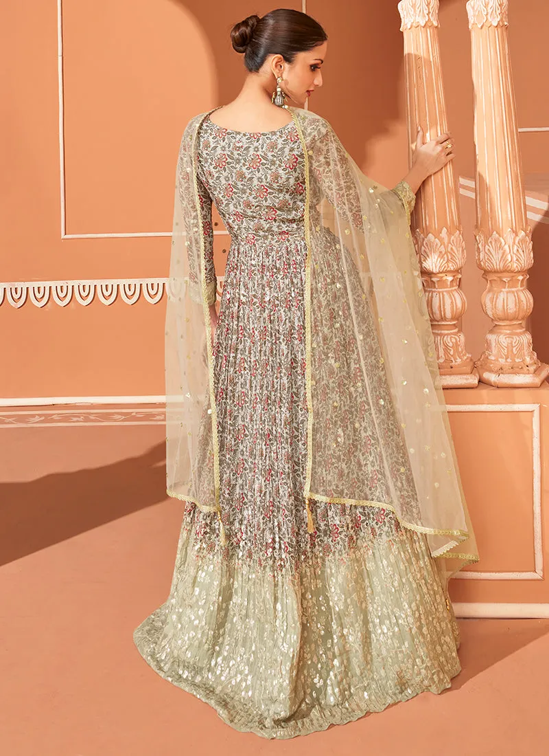 Green Multi Colour Floral Embroidered Anarkali