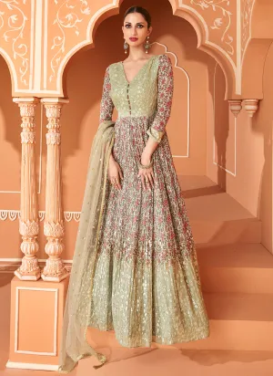 Green Multi Colour Floral Embroidered Anarkali