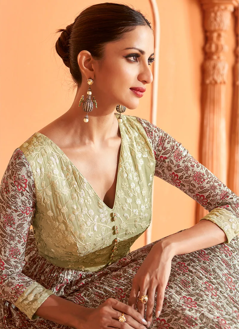 Green Multi Colour Floral Embroidered Anarkali