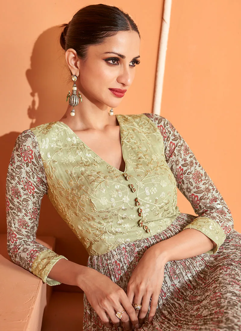 Green Multi Colour Floral Embroidered Anarkali