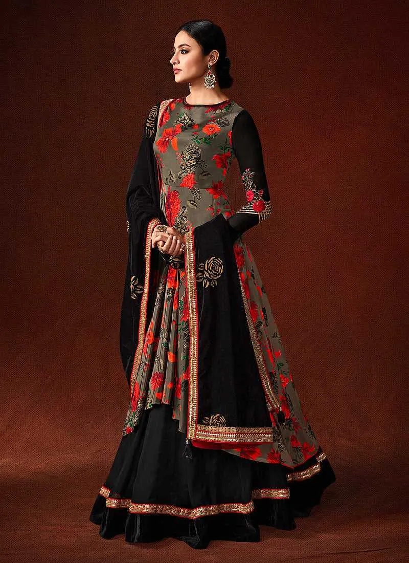 Grey and Black Embroidered Anarkali Style Gown